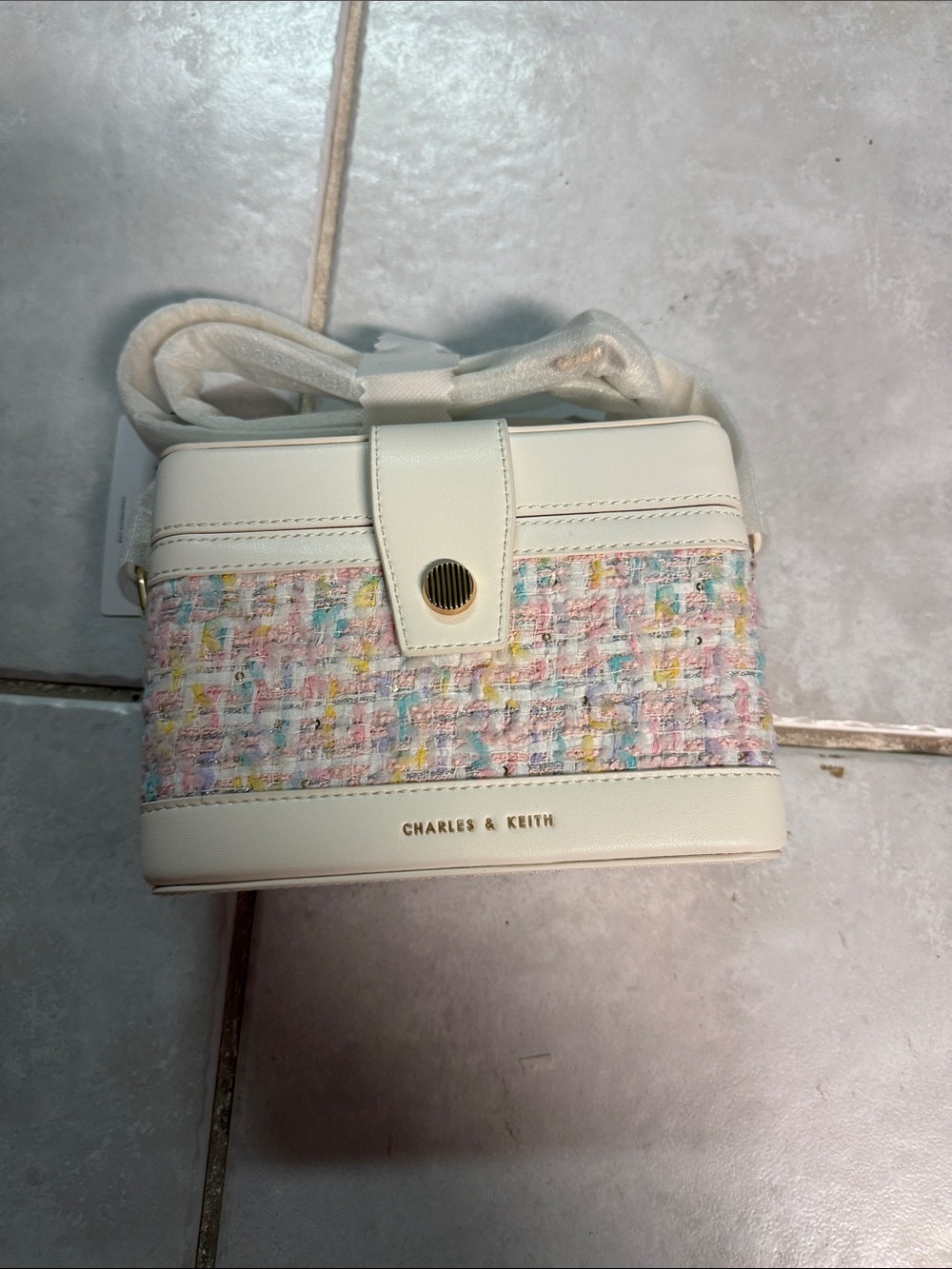 Charles & Keith Cream Crossbody with Pastel Tweed Panel